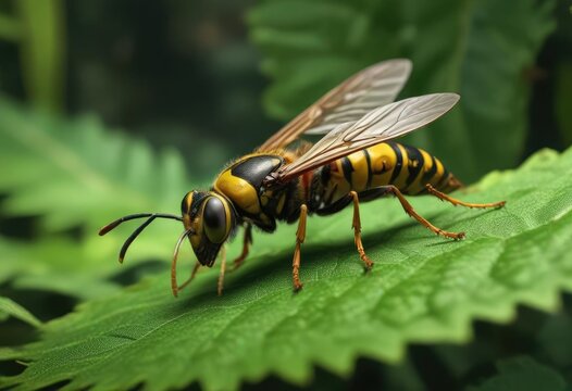long stinger of a wasp protruding from its body on a green leaf, bug, green leaf