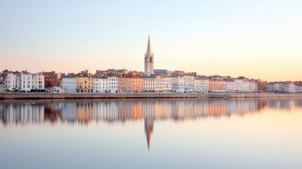 Fototapeta premium Sunrise cityscape reflection, river, France. Travel postcard