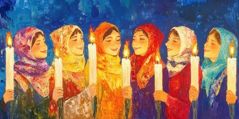 Fototapeta premium Women in headscarves hold candles, night background, peace.