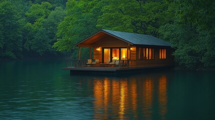 Obraz premium Floating cabin at dusk on a tranquil lake, surrounded by forest