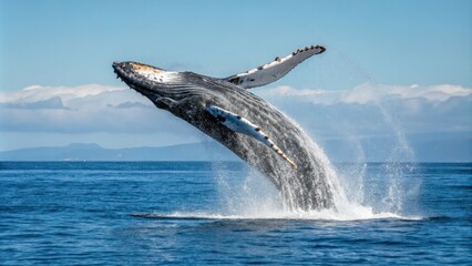 Fototapeta premium Majestic humpback whale breaching with its massive tail high above the water's surface, fluidity, wave, ocean, sky