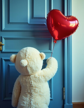 small fluffy white teddy bear with red hearth shaped baloon knoking at the door at Valentine's Day, generative ai