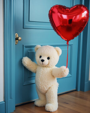 small fluffy white teddy bear with red hearth shaped baloon knoking at the door at Valentine's Day, generative ai