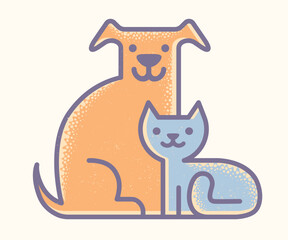 Vector flat logo with cat and dog. Vintage emblem with pets. Cat and dog.