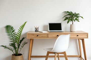 Fototapeta premium Minimalist wooden desk with a green plant on it, wooden furniture, classic wooden chair, wooden desk with plants