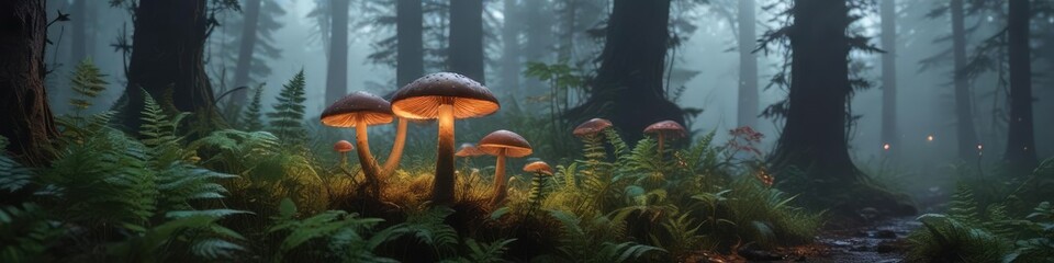 Fototapeta premium Misty and mysterious forest with glowing mushrooms and ferns, misty forest, grunge woodland, eerie environment