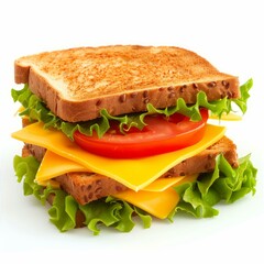Tasty toasted sandwich with cheese, tomato and lettuce showing its delicious layers