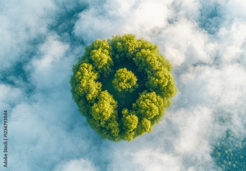 Poster aerial view of a circular cluster of lush green trees in a sea of white clouds, creating a unique, p