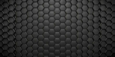 Modern minimalist black wallpaper featuring a geometric pattern of small hexagons arranged in a repeating sequence, design element, black, hexagonal, modern