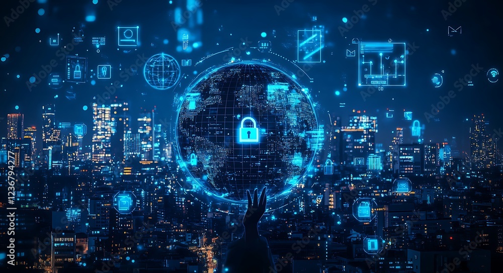 Aufkleber global cybersecurity concept. a hand interacts with a digital globe showing security icons over a ci