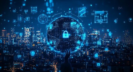 Global cybersecurity concept. A hand interacts with a digital globe showing security icons over a city skyline at night.