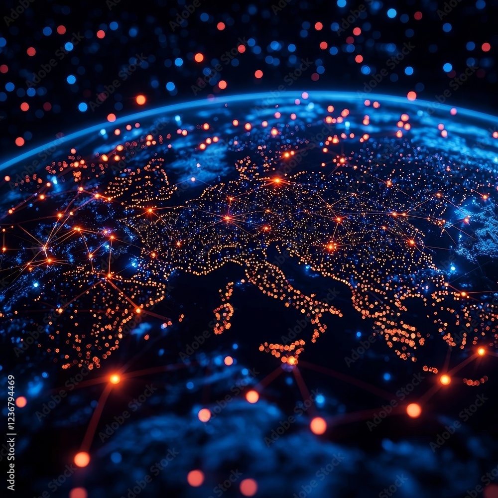 Aufkleber glowing satellite network connecting regions on digital globe symbolizing global communication and d