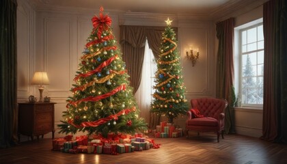 Old ornate Christmas tree decorated with garlands and ribbons, colourful lights, holiday season