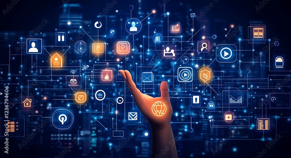 Aufkleber hand interacting with a futuristic digital network interface showing various icons representing comm