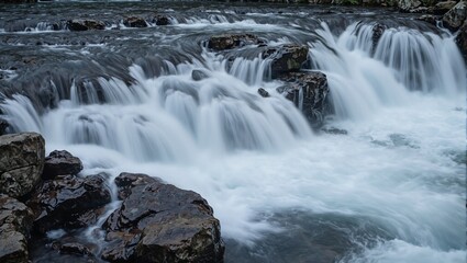 Obraz premium Captivating waterfall in motion blur over rocky terrain