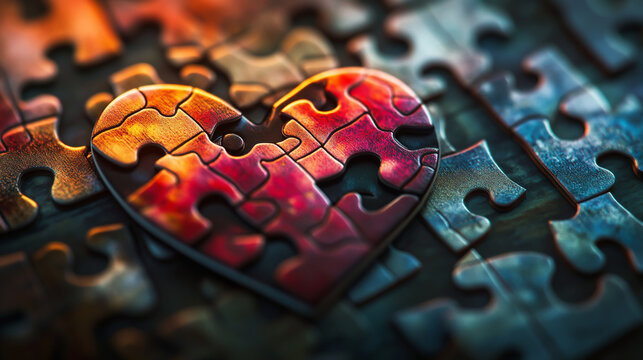 Vibrant heart shaped jigsaw puzzle pieces interlocked against dark background cinematic view.