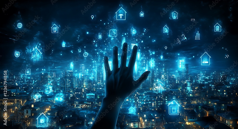 Poster hand interacting with a futuristic smart city interface, showing various home automation and iot sym