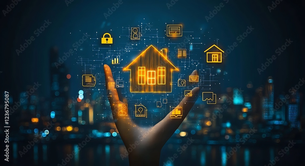 Aufkleber smart home technology concept. a hand interacts with a digital house icon and related applications, 