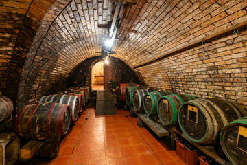 Wine cellars with barrels in Ivan, Southern Moravia, Czech Republic