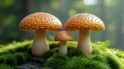 Forest mushrooms on mossy rock, morning light, nature scene