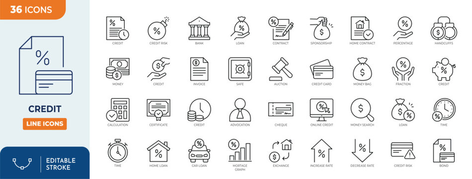 Loan and Credit icon set. Containing Credit card, deposit, car leasing, rate interest, calculator, income, and more. Outline Icon Collection. Vector illustration. Editable stroke