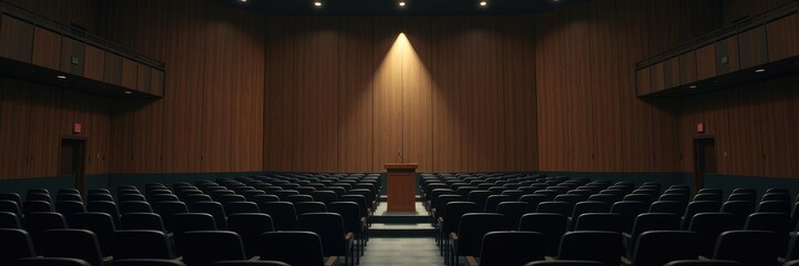 Lecture hall with single spotlight shining on lectern amidst empty rows of seats, empty rows, hallowed environment, single spotlight