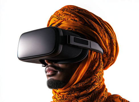 Indian men wear VR. Virtual reality headset. Technology gaming. Innovation interactive. A young Indian man wearing a traditional turban in a portrait setting. - Powered by Adobe
