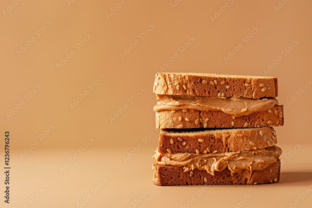 Poster three slices of toasted sesame bread with peanut butter, stacked high, create a tempting image of a 