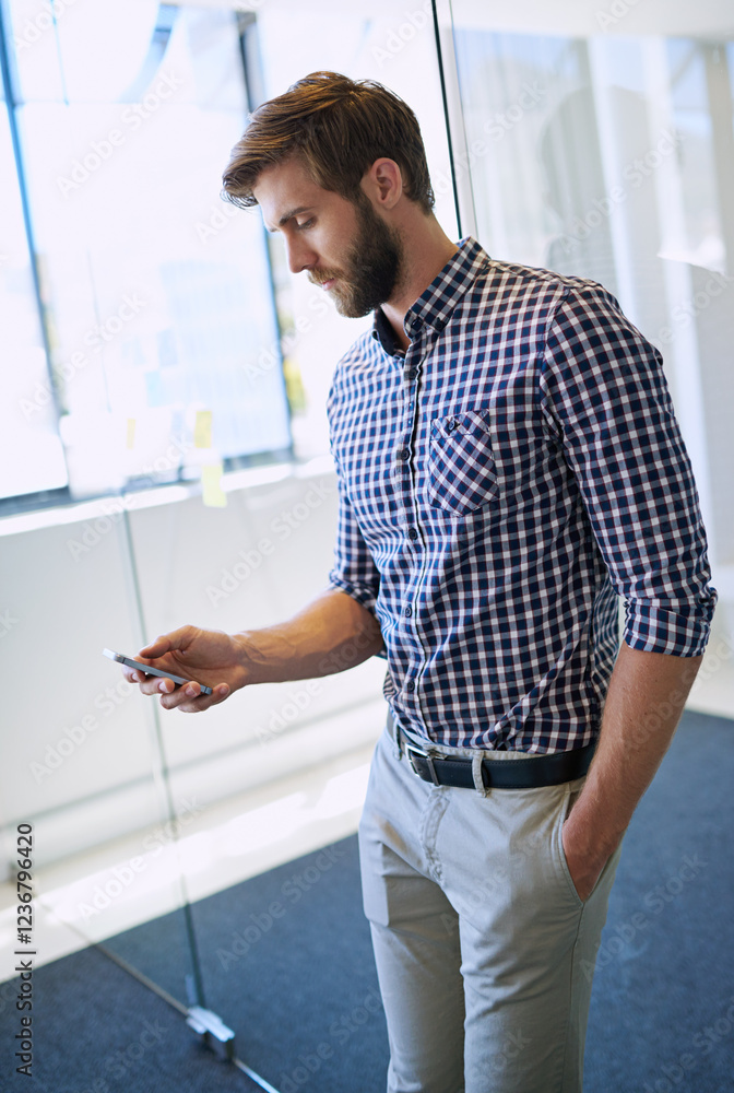 Poster office, businessman and scroll with smartphone for chat, online communication and connection with co