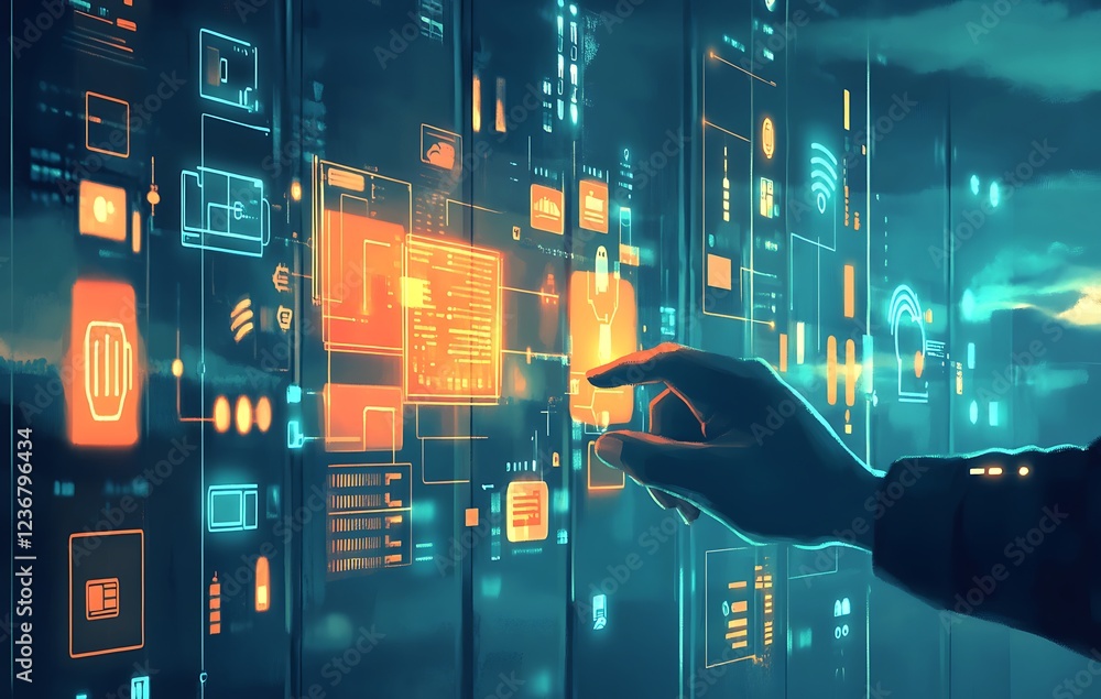 Aufkleber hand interacting with futuristic digital interface showing data streams and icons.