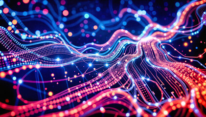 Digital network flow neon waves, nodes and data streams. tech pattern glowing light particles, neural connections energy pulses on dark background. Binary matrix visualization for future technology