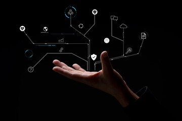 hand with various icons and symbols connected to it, representing different aspects of artificial intelligence and technology