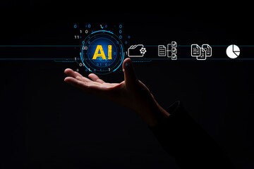 hand with various icons and symbols connected to it, representing different aspects of artificial intelligence and technology