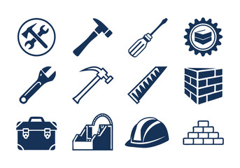 Obraz premium Construction and Tools Icons Set - Repair, Engineering, and Building Equipment Vector Illustrations