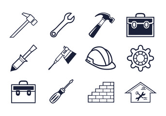 Construction and Tools Icons Set - Repair, Engineering, and Building Equipment Vector Illustrations
