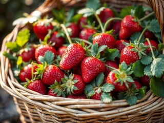 Bright photo of ripe red strawberries in a basket