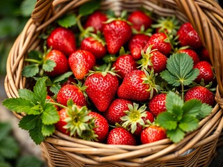 Bright photo of ripe red strawberries in a basket