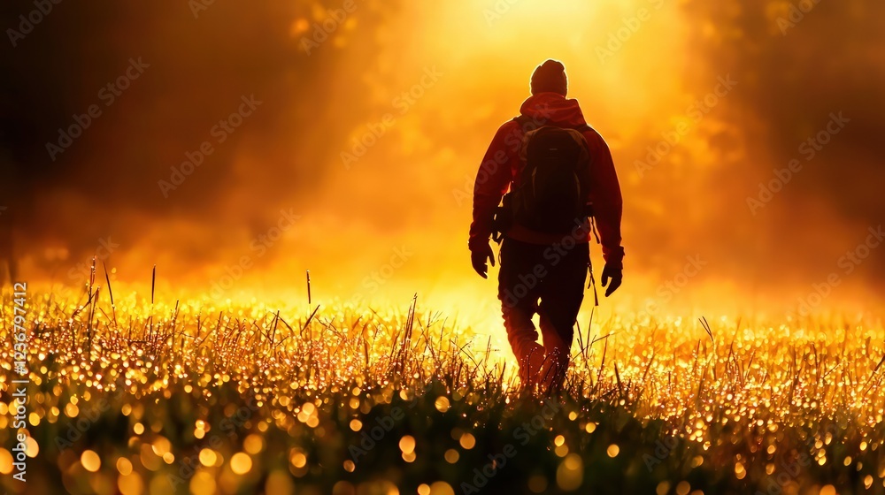 Poster man walking alone in a sunlit field during sunset creating a serene atmosphere