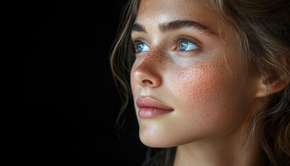 Fototapeta premium A young woman with freckles gazes thoughtfully