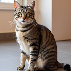 Chausie Cat with Alert Mood Posing Against Blurred Interior