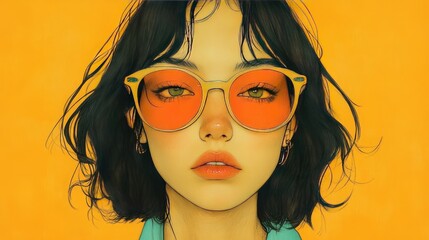 Fototapeta premium Stylish Woman in Orange Sunglasses Against Vibrant Yellow Background