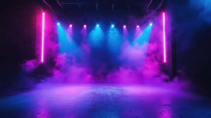 Neon stage lights, smoky atmosphere, empty dance floor, concert background, event design