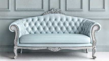 Luxury white leather sofa with ornate baroque details, tufted upholstery and silver trim. Classic antique furniture piece on elegant interior background with traditional wall panels. Premium