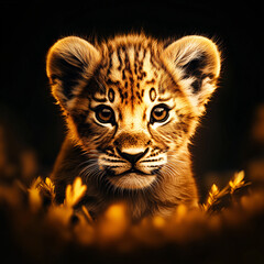 Obraz premium Close-up of a baby lion cub with soft golden fur and curious, wide eyes