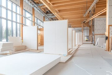Stack of white drywall sheets on a pallet at a construction site, ready for installation.