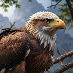 Obraz premium majestic eagle perched on branch with nictitating eyelids partially covering left eye, outdoor scenery, avian wildlife