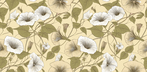A seamless pattern of delicate blue and white morning glory flowers with green leaves on a cream background. 