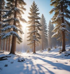 Obraz premium Majestic snow-covered pines glistening in the winter sun, snowy landscape, tranquility, frosty, glistening