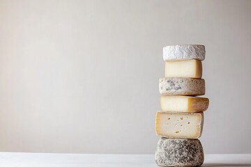 A creative stack of various cheese types showcases unique textures and colors