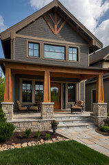 Obraz premium Modern Luxury Home Exterior: Stone, Wood, and Glass Architectural Design